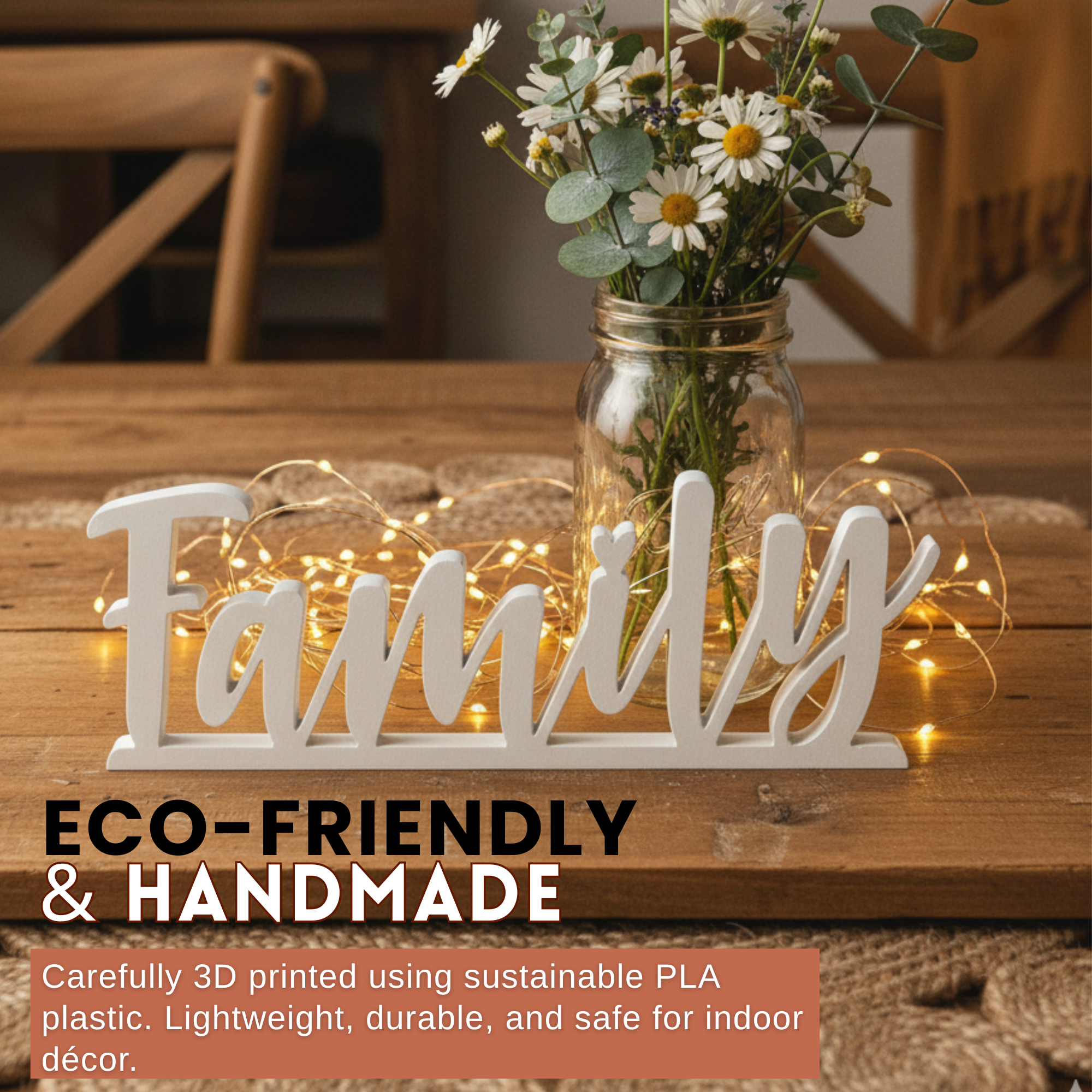 White Family Freestanding Sign – Textured PLA Home Décor Word Ornament, Eco-Friendly Shelf Display