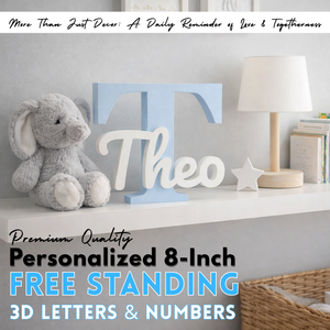 Personalized 3D freestanding letter T and name Theo decor set on a white shelf beside a gray plush elephant, lamp, books, and a star, with promotional text for personalized 8-inch letters and numbers.