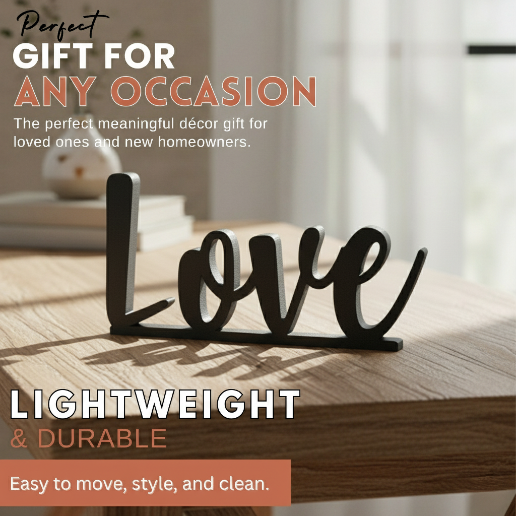 Black Love Tabletop Word Sign – Minimalist 3D Printed Home Decoration | Eco-Friendly PLA, 3 Sizes, Modern Style