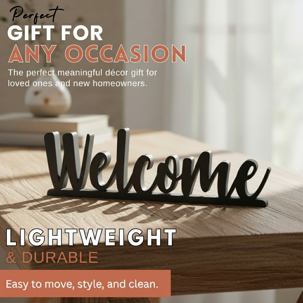 Black Welcome Tabletop Word Sign – Minimalist 3D Printed Home Decoration | Eco-Friendly PLA, 3 Sizes, Modern Style