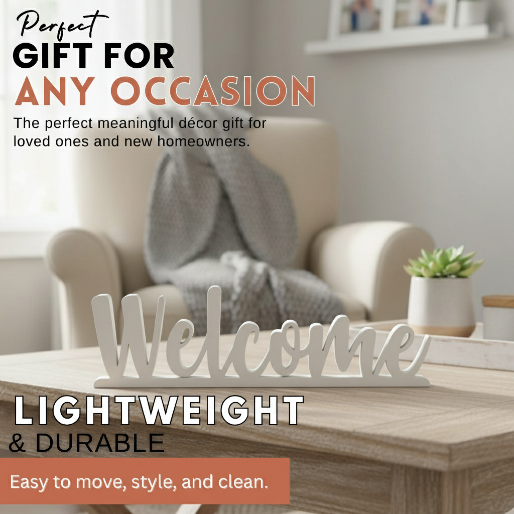 White Welcome Freestanding Sign – Textured PLA Home Décor Word Ornament, Eco-Friendly Shelf Display