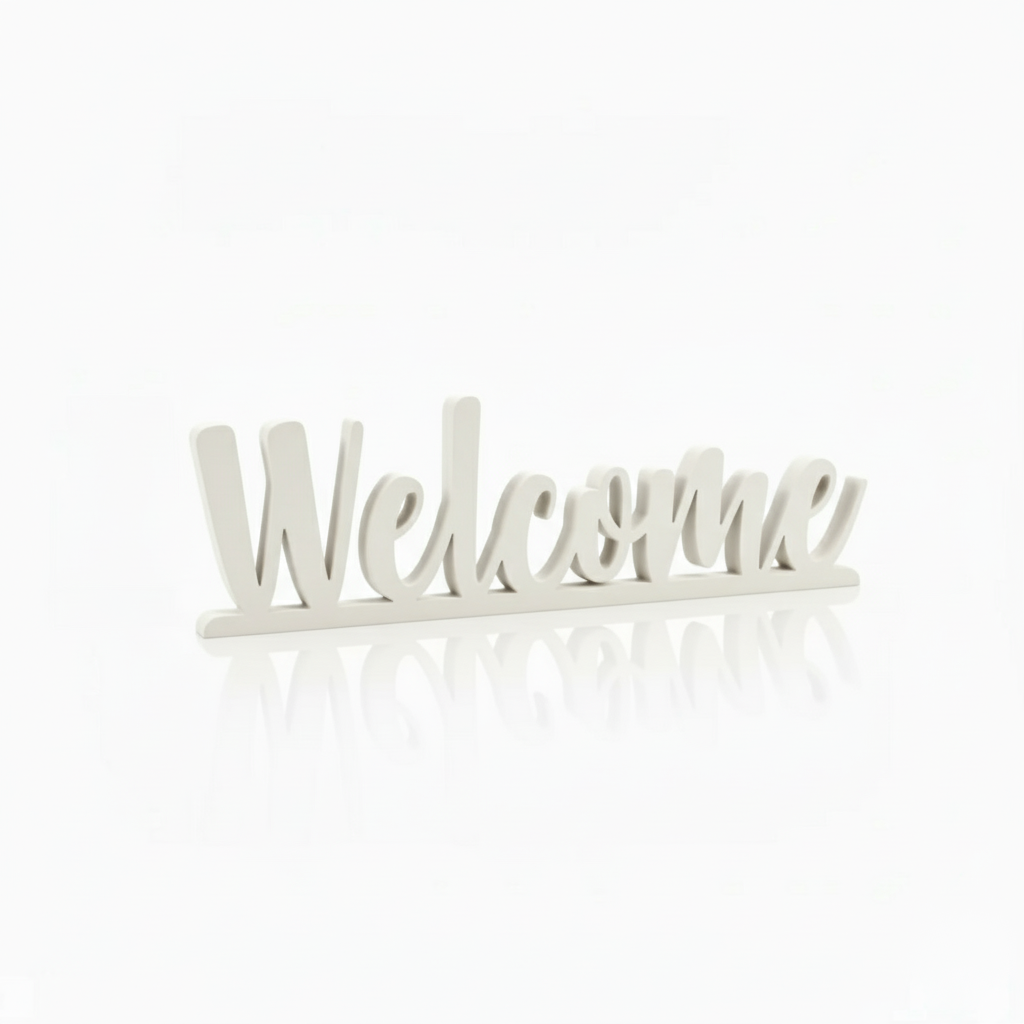 White Welcome Freestanding Sign – Textured PLA Home Décor Word Ornament, Eco-Friendly Shelf Display