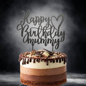 Happy Birthday Mummy Cake Topper – Elegant Glitter Gold, Silver, Black & Copper Decoration with Heart Design for Mum’s Birthday Celebration - SignKraft3D