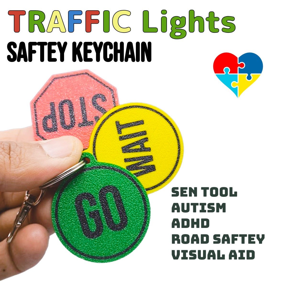 Traffic Light Communication Keychain | Stop, Wait, Go Visual Aid for Autism & ADHD | Emotional Regulation & Social Cue Support Tool - SignKraft3D