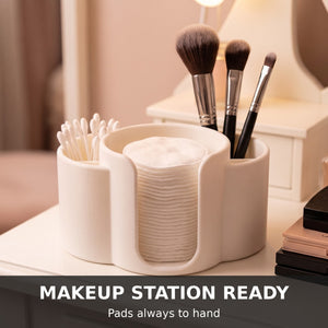 Q-Tip & Cotton Pad Holder with Brush Slots – Bathroom Organiser for Makeup Pads, Buds & Brushes, Vanity Storage, White / Black