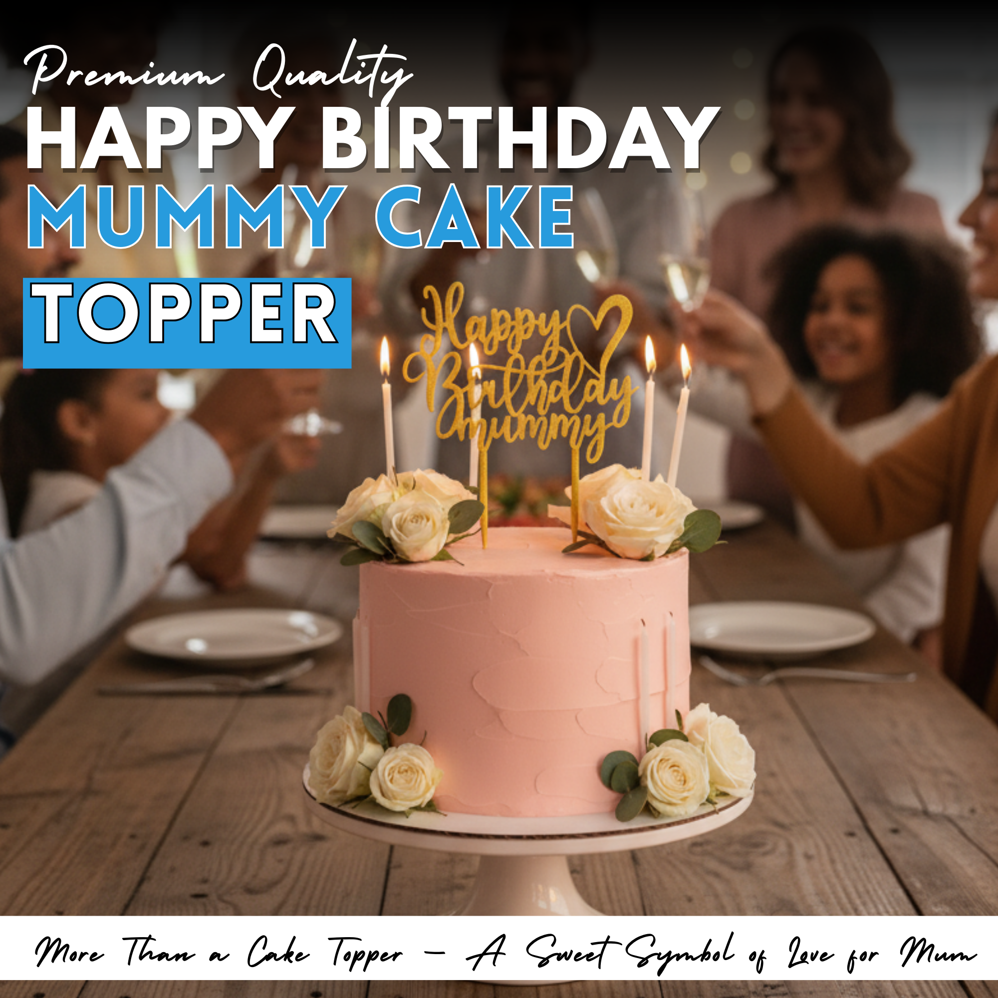 Happy Birthday Mummy Cake Topper – Elegant Glitter Gold, Silver, Black & Copper Decoration with Heart Design for Mum’s Birthday Celebration