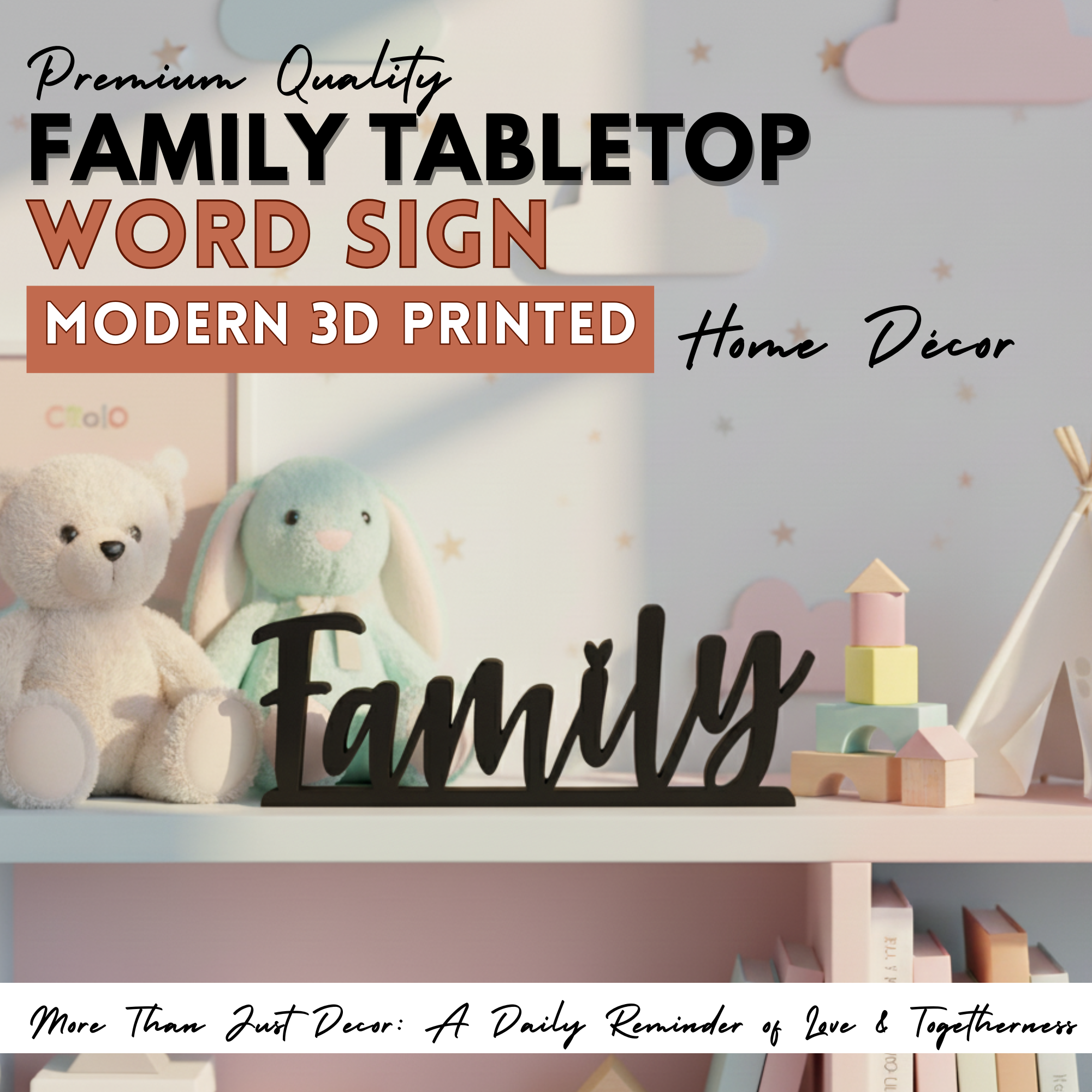 Black Family Tabletop Word Sign – Minimalist 3D Printed Home Decoration | Eco-Friendly PLA, 3 Sizes, Modern Style