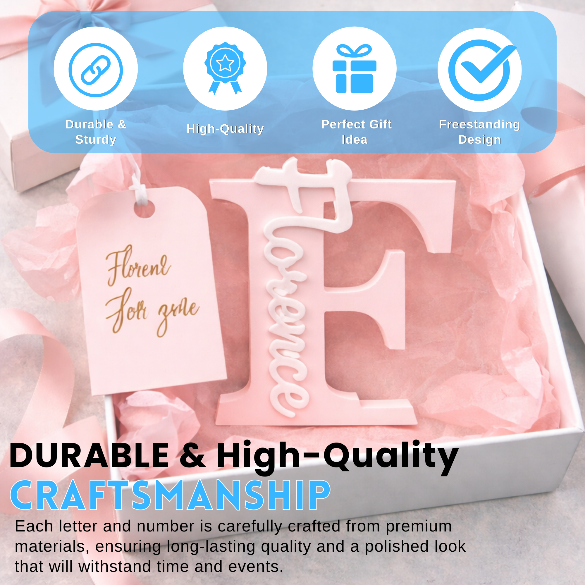 A gift box containing a large light pink decorative letter F with the word 'forever' carved vertically, alongside a matching pink tag reading 'forever more so.' The top shows four blue icons with text about durability, high quality, gift idea, and freestanding design.