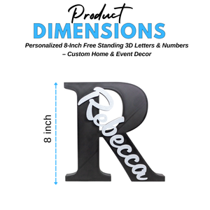 A black freestanding decorative letter R with the name 'Rebecca' in white script across the front, shown on a white background with text indicating product dimensions and an 8-inch height measurement.
