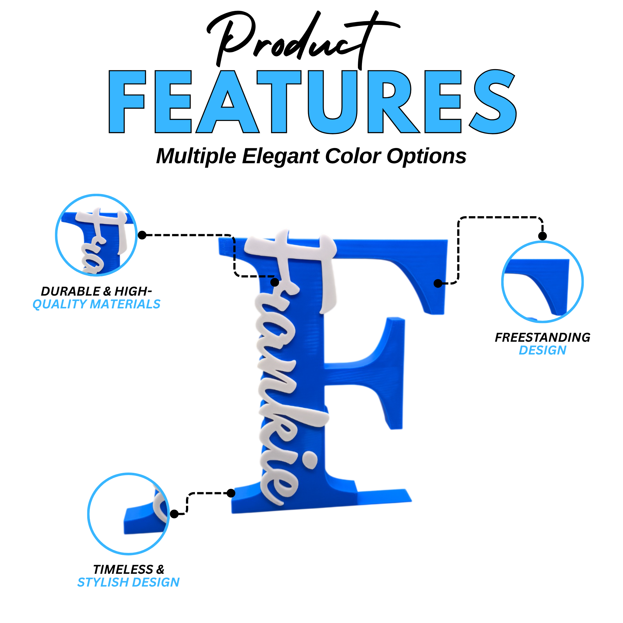 A 3D freestanding letter 'F' sign with the name 'Frankie' in white script across the front, shown on a white background with marketing text and circular callouts highlighting durable high-quality materials, freestanding design, and timeless stylish design.