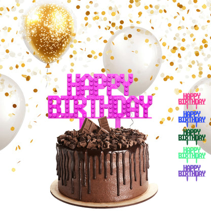 Bricks Compatible Happy Birthday Cake Topper– Brick Party Theme | Block system Custom Birthday Decoration, Blue, Pink, Red - Any Colour