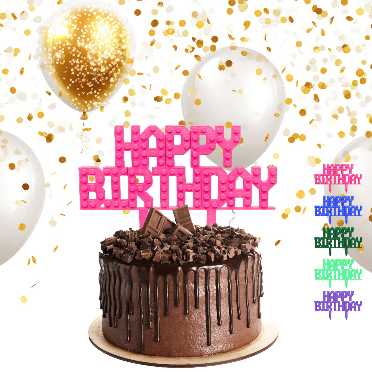 Bricks Compatible Happy Birthday Cake Topper– Brick Party Theme | Block system Custom Birthday Decoration, Blue, Pink, Red - Any Colour