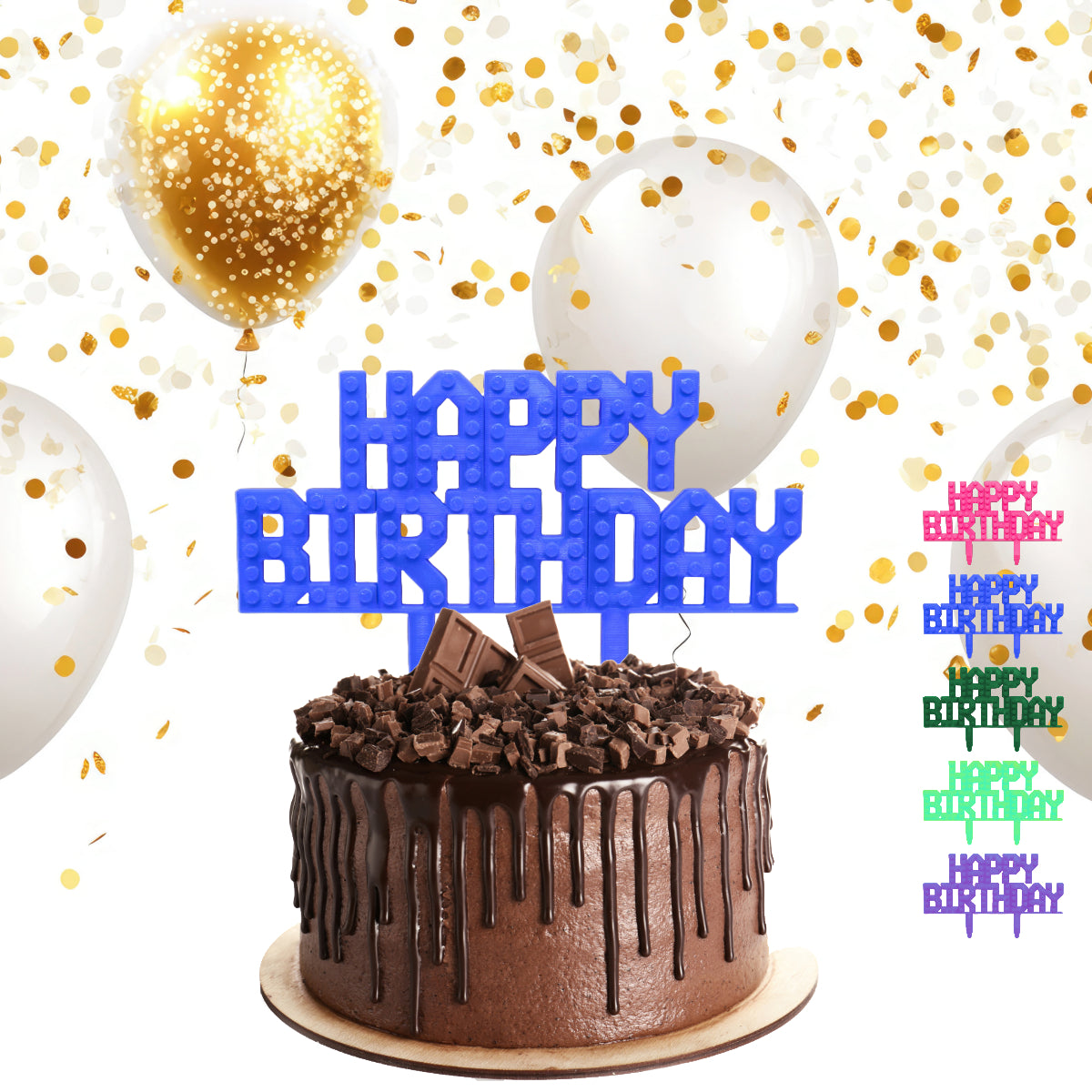 Bricks Compatible Happy Birthday Cake Topper– Brick Party Theme | Block system Custom Birthday Decoration, Blue, Pink, Red - Any Colour