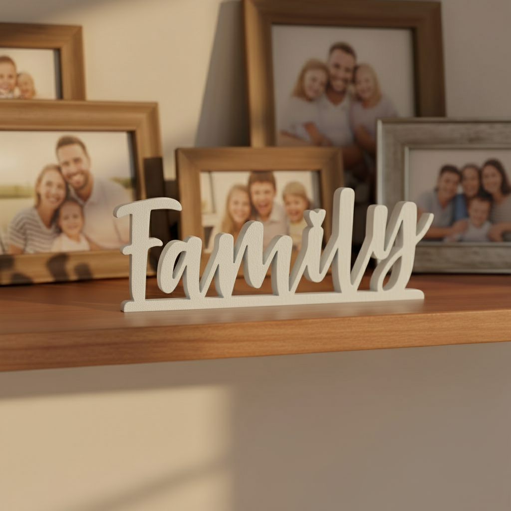 Family Freestanding Sign – Textured PLA Home Décor Word Ornament, Eco-Friendly Shelf Display in Black or White