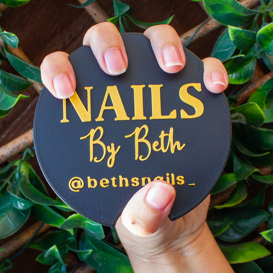 Custom Nail Art Photography Prop, Personalized Branding Disk, Nail Technician Prop, Nail Salon Display - Black Gold