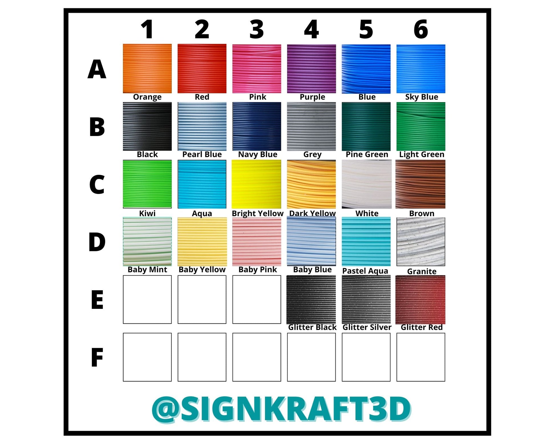 Orange, Red, Pink, Purple, Blue, Sky Blue, Green, Pastel Color, Glitter Color, White, Black, Grey