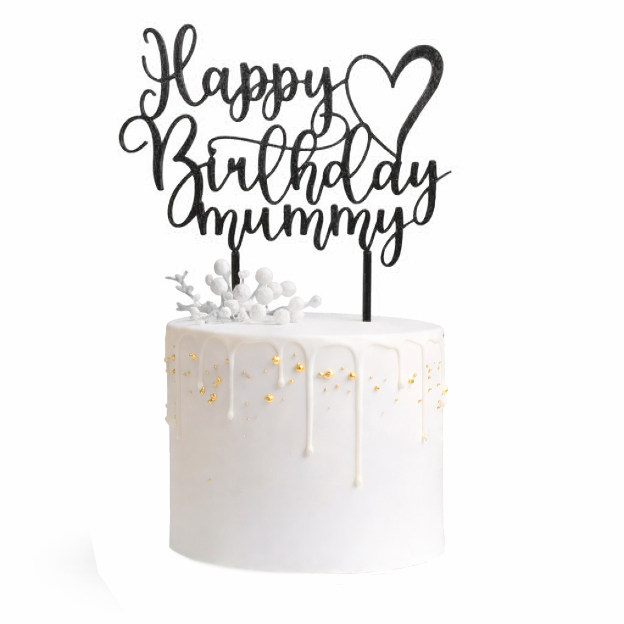 Happy Birthday Mummy Cake Topper – Elegant Glitter Gold, Silver, Black & Copper Decoration with Heart Design for Mum’s Birthday Celebration