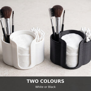 Q-Tip & Cotton Pad Holder with Brush Slots – Bathroom Organiser for Makeup Pads, Buds & Brushes, Vanity Storage, White / Black