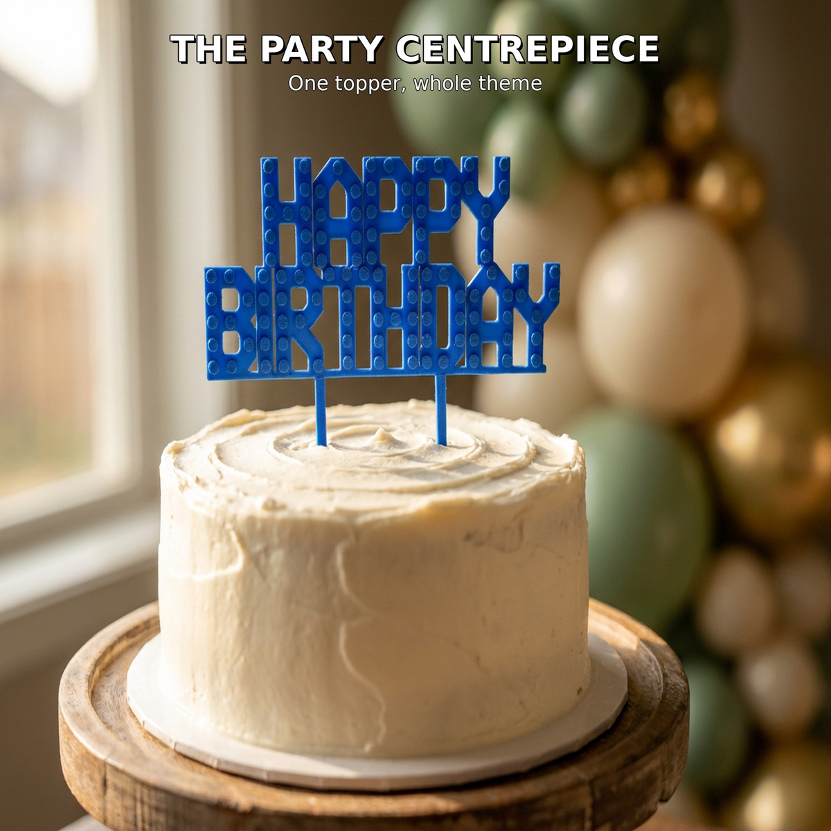 Close-up of blue brick-stud Happy Birthday cake topper recessed in a white buttercream birthday cake