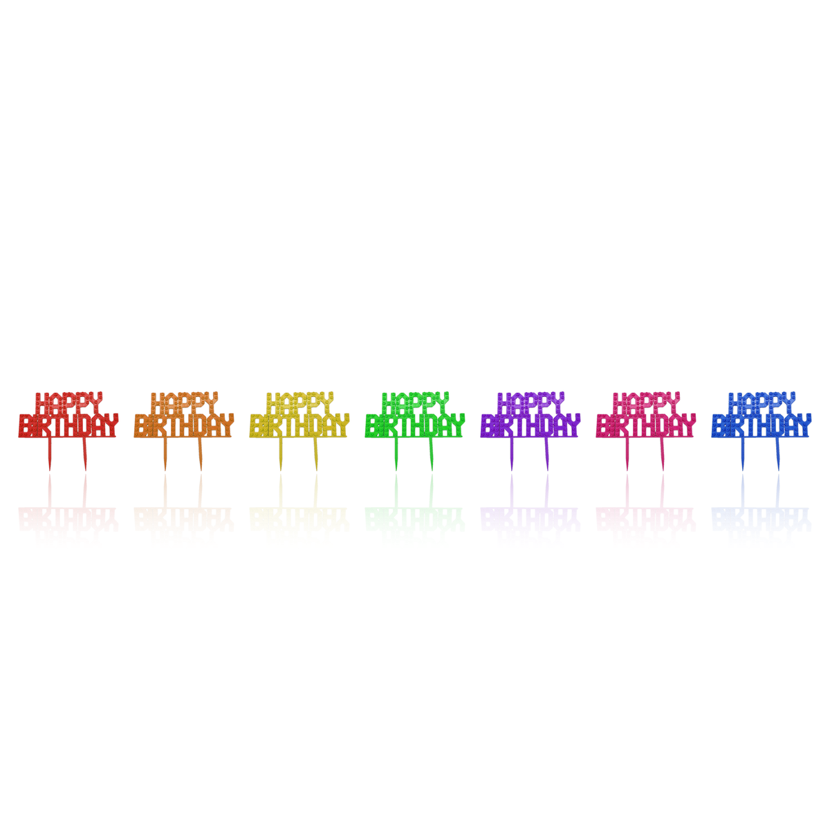 All 7 colours of brick-stud Happy Birthday cake topper: red, orange, yellow, green, purple, pink, blue
