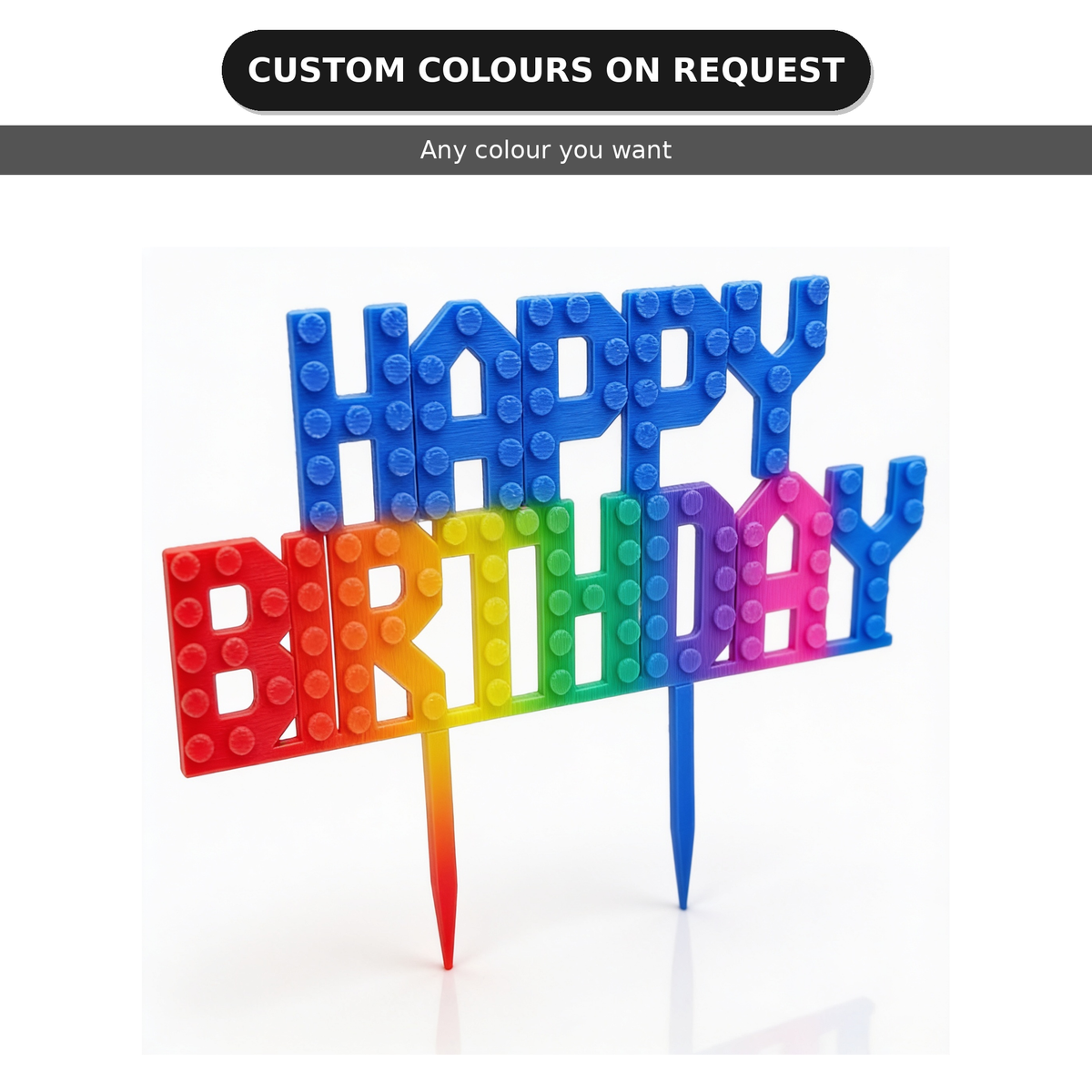Rainbow gradient brick-stud Happy Birthday cake topper, custom colours on request