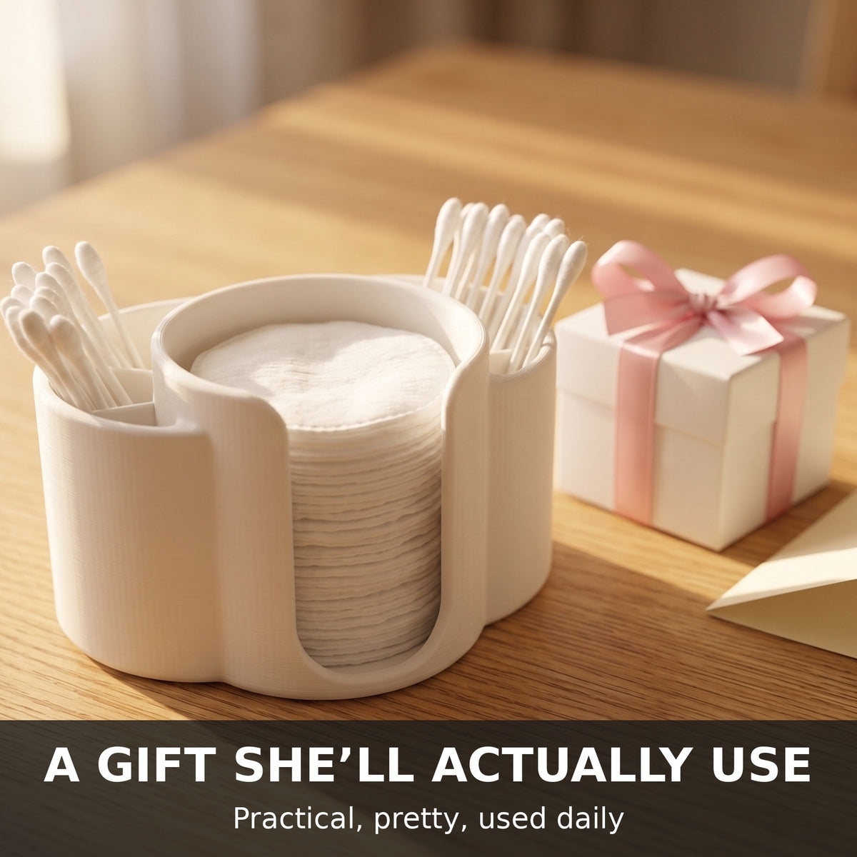 White bathroom organiser beside a small gift box with pink ribbon, a practical gift idea