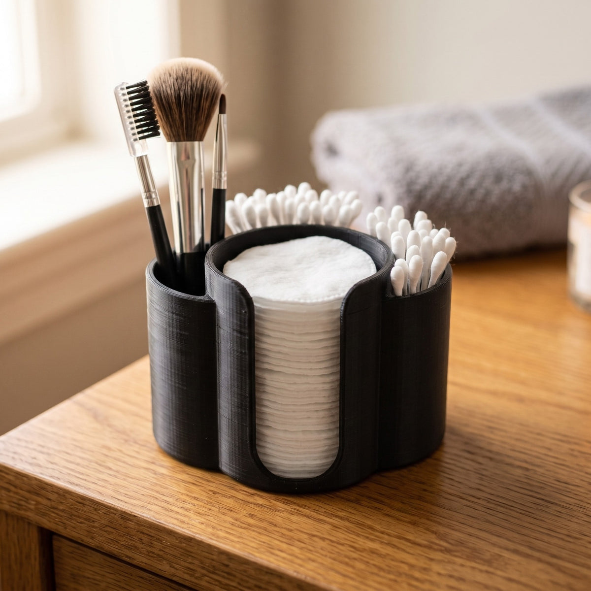Black cotton bud and makeup pad holder with brush slots on a wooden vanity, holding pads, buds and brushes