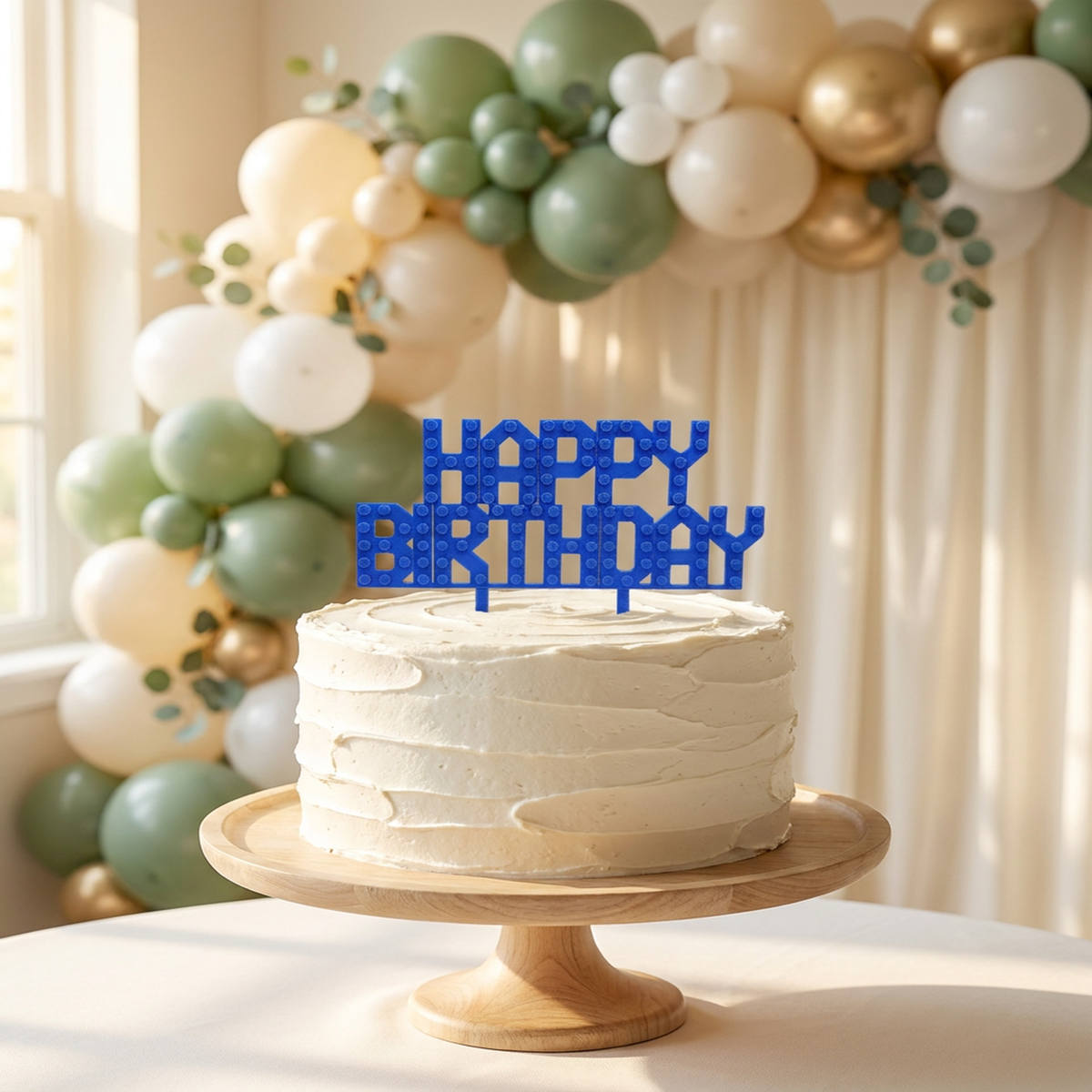 Blue brick-stud Happy Birthday cake topper on a white buttercream cake with sage green and gold balloon garland