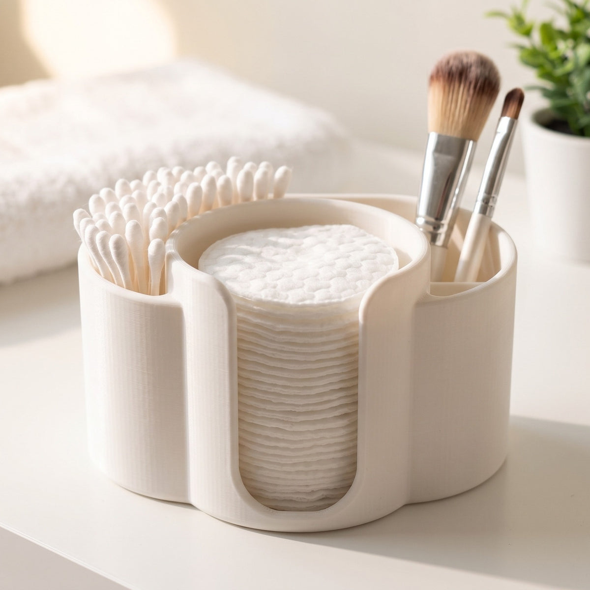 White cotton pad and Q-tip holder with brush slots on a bathroom counter, holding pads, cotton buds and makeup brushes