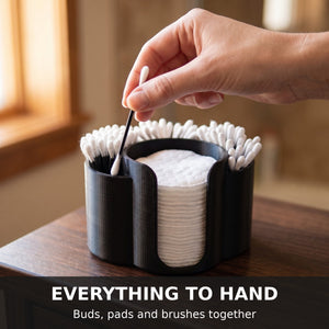 Q-Tip & Cotton Pad Holder with Brush Slots – Bathroom Organiser for Makeup Pads, Buds & Brushes, Vanity Storage, White / Black