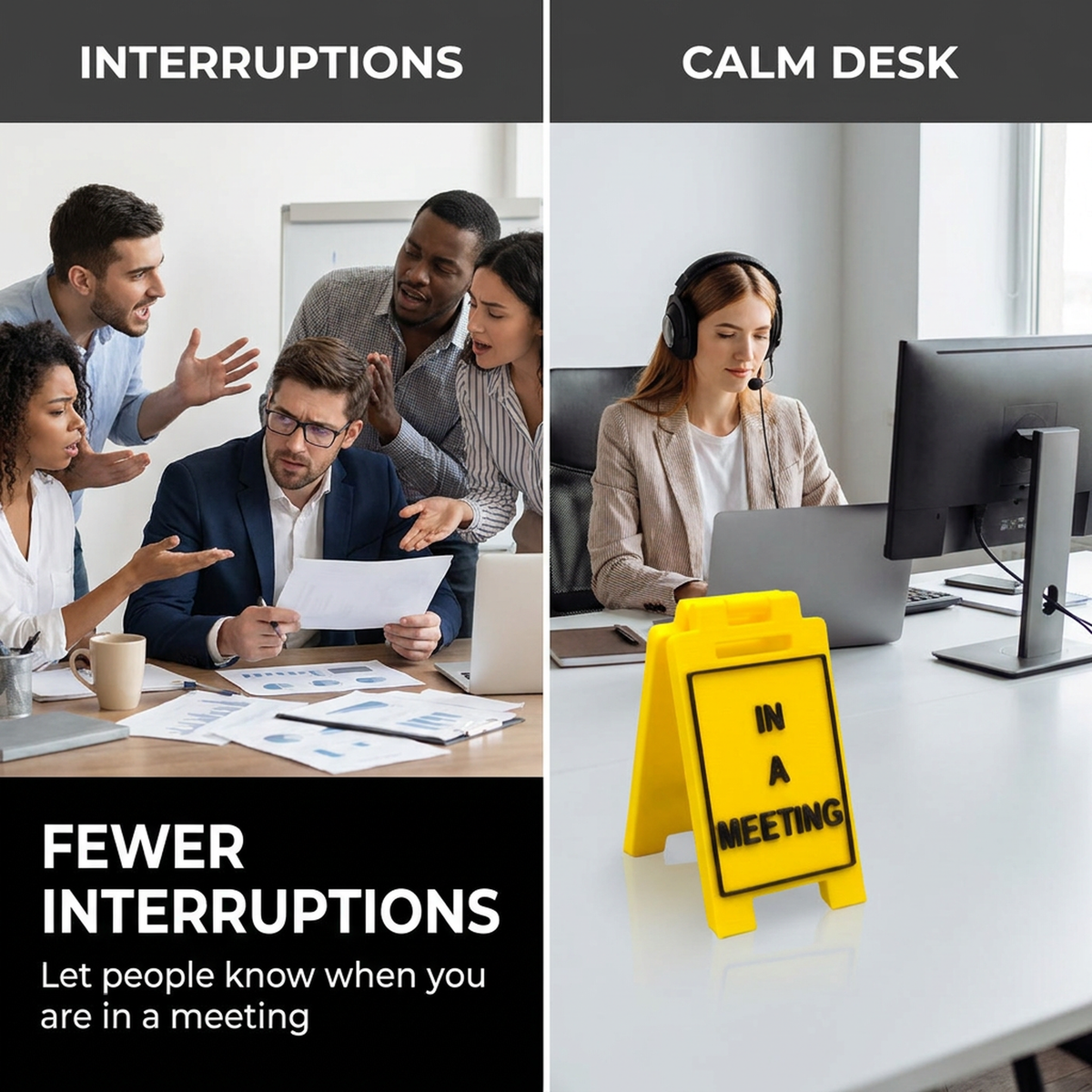 In A Meeting desk sign helping reduce workplace interruptions