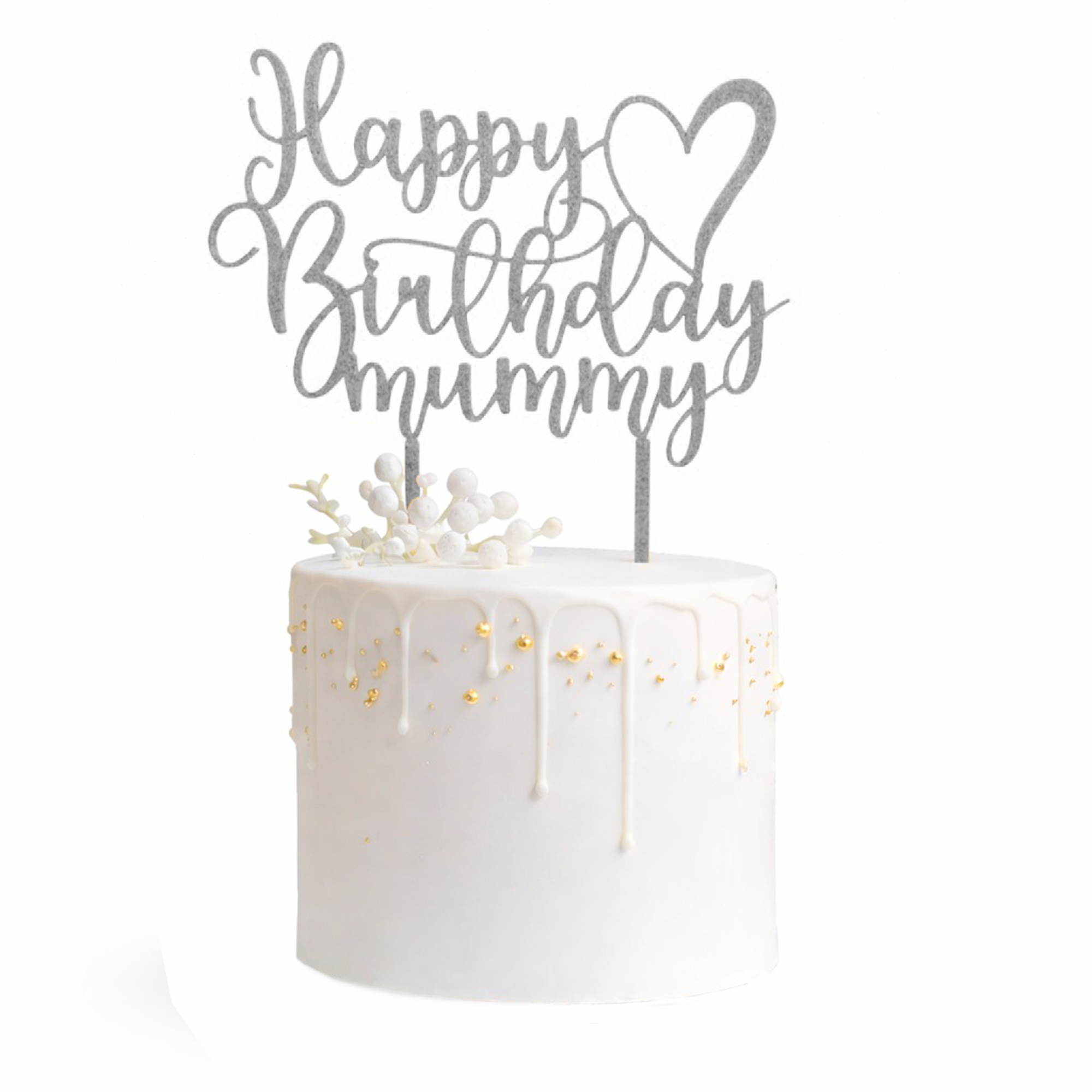 Happy Birthday Mummy Cake Topper – Elegant Glitter Gold, Silver, Black & Copper Decoration with Heart Design for Mum’s Birthday Celebration